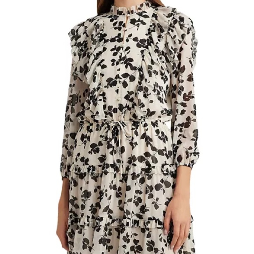 Ralph Lauren Floral Ruffle Trim Dress - 18 - Black and White